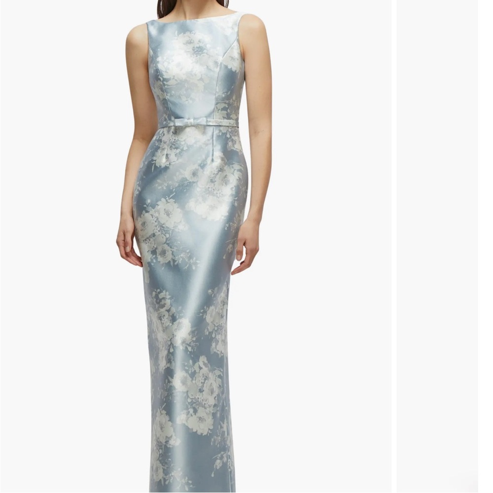 NEW Alfred Sung Sleeveless Satin Twill Seraphina Floral Blue Column Gown SZ 12